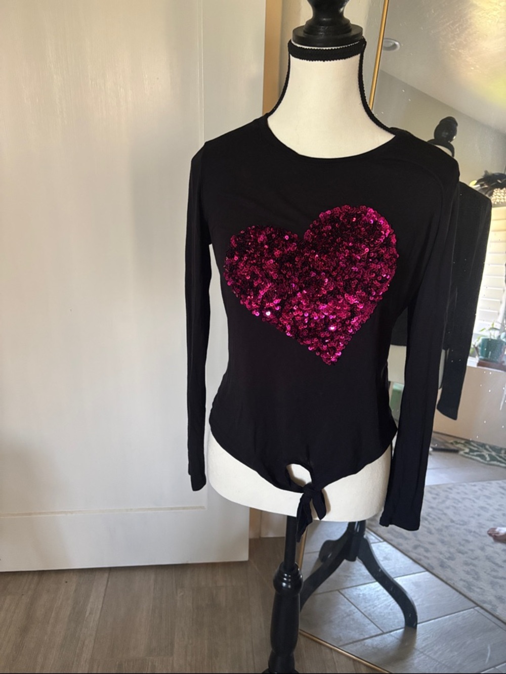 INC International Concepts Black Long Sleeve Top with Magenta Sequin Heart